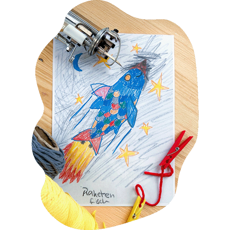 Kinderzeichnung Fisch als Rakete Vorlage für Teppich